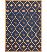 Geometric navy blue hand-tufted wool rug with dot and wave design
